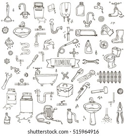 Hand drawn doodle Plumbing icons set. Vector illustration. Plumber repair tools collection. Cartoon water pipe various sketch elements: sink, tube, drain, broken washing machine, splash, drops, leak