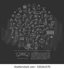 Hand drawn doodle Plumbing icons set. Vector illustration. Plumber repair tools collection. Cartoon water pipe various sketch elements: sink, tube, drain, broken washing machine, splash, drops, leak