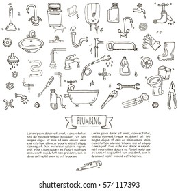 Hand drawn doodle Plumbing icons set. Vector illustration. Plumber repair tools collection. Cartoon water pipe various sketch elements: sink, tube, drain, broken washing machine, splash, drops, leak