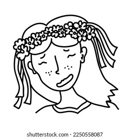 Hand drawn doodle portrait of cheerful girl with flower wreath. Linear female face in caricature style isolated on white background. Beautiful young woman with freckles and long hair.