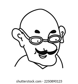 Retrato de doodle dibujado a mano de un alegre hombre calvo con bigote negro y cejas. avatar de caricatura de una persona con orejas grandes. Perfil de humanos lineales en gafas aisladas sobre fondo blanco.