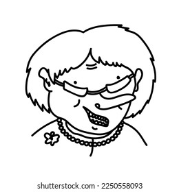 Retrato de doodle dibujado a mano de anciana con arrugas. Caricatura de un avatar gracioso de un anciano al estilo de la caricatura. Abuela alegre con gafas y cuentas de fondo blanco. 