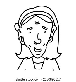 Hand drawn doodle portrait of elderly woman. Cartoon funny avatar of a senior in caricature style. Cheerful grandmother with earrings on white background. 