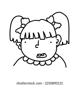Hand drawn doodle portrait of a girl with ponytails. Linear kid in caricature style isolated on white background. Funny child with bows. Cartoon black and white avatar
