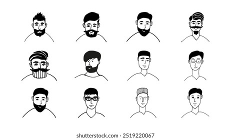 Handgezeichnetes Doodle-Porträt Männer Set. Für Friseur Shop Logo mit verschiedenen Haarschnitten