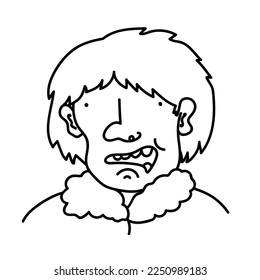 Hand drawn doodle portrait of shaggy human with big nose and open mouth. Caricature avatar of speaking person with long hair in fur coat. Cartoon linear man or woman on white background