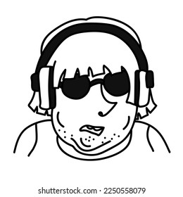 Hand drawn doodle portrait of a speaking fat man with bristle and long hair. Avatar with a cartoon person with big headphones and round sunglasses in caricature style. 