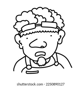 Hand drawn doodle portrait of a speaking young man with curly hair. Caricature linear avatar with person in overall and glasses. Human with open mouth, big nose and beard isolated on white background.