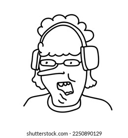 Hand drawn doodle portrait of a speaking human with long nose and curly hair. Avatar with a cartoon person with big headphones and glasses in caricature style. 