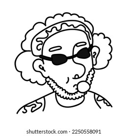 Hand drawn doodle portrait of a young man in sunglasses chewing gum. Cartoon avatar of person with curly hair, bandana, beard and tattoos in caricature style.