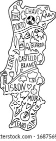 Hand drawn doodle Portugal map. Portugalian city names lettering and cartoon landmarks, tourist attractions cliparts. travel, trip comic infographic poster, banner concept design. Portu, Lisboa, chaves