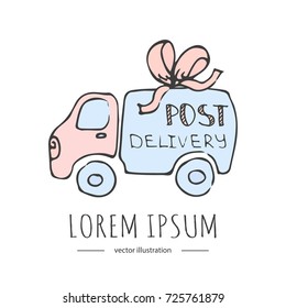 Hand drawn doodle Postal element - post delivery truck icon isolated on white background. Vector illustration. Post symbol. Cartoon mail element: package, shipping transport, bow, car