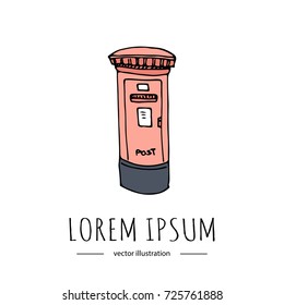 Hand drawn doodle Postal element  - vintage mail box icon isolated on white background. Vector illustration. Post symbol. Cartoon mail element: letter, envelope, old post box, package, delivery