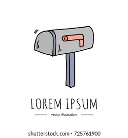 Hand drawn doodle Postal element  - mail box icon isolated on white background. Vector illustration. Post symbol. Cartoon mail element: letter, envelope, post box, package, delivery