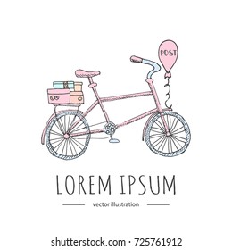 Hand drawn doodle Postal element - post delivery bicycle icon isolated on white background. Vector illustration. Post symbol. Cartoon mail element: balloon, envelope, box, package, delivery, shipment