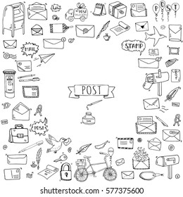Hand drawn doodle Postal elements icon set. Vector illustration. Isolated post symbols collection. Cartoon various mail element: letter, envelope, stamp, post box, package, delivery truck, pigeon.