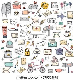 Hand drawn doodle Postal elements icon set. Vector illustration. Isolated post symbols collection. Cartoon various mail element: letter, envelope, stamp, post box, package, delivery truck, pigeon.