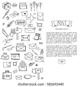 Hand drawn doodle Postal elements icon set. Vector illustration. Isolated post symbols collection. Cartoon various mail element: letter, envelope, stamp, post box, package, delivery truck, pigeon.