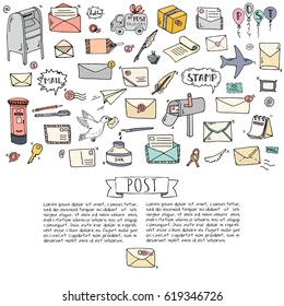 Hand drawn doodle Postal elements icon set. Vector illustration. Isolated post symbols collection. Cartoon various mail element: letter, envelope, stamp, post box, package, delivery truck, pigeon.