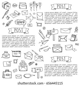 Hand drawn doodle Postal elements icon set. Vector illustration. Isolated post symbols collection. Cartoon various mail element: letter, envelope, stamp, post box, package, delivery truck, pigeon.