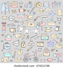 Hand drawn doodle Postal elements icon set. Vector illustration. Isolated post symbols collection. Cartoon various mail element: letter, envelope, stamp, post box, package, delivery truck, pigeon.