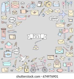 Hand drawn doodle Postal elements icon set. Vector illustration. Isolated post symbols collection. Cartoon various mail element: letter, envelope, stamp, post box, package, delivery truck, pigeon.