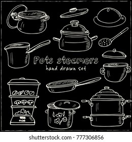 Hand drawn doodle pots steamers set. Vector illustration. Isolated elements on chalkboard background. Symbol collection.