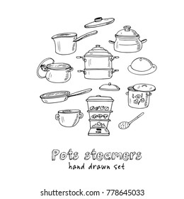 Hand drawn doodle pots steamers set. Vector illustration. Isolated elements on white background. Symbol collection.