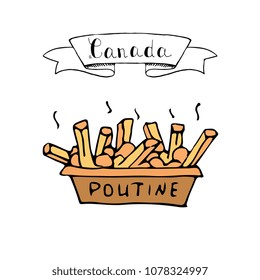 Hand drawn doodle Poutine icon traditional quebec meal with french fries gravy and cheese curds, Vector illustration isolated on whire Canadian breakfast symbol 