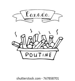 Hand drawn doodle Poutine icon traditional quebec meal with french fries gravy and cheese curds, Vector illustration isolated on whire Canadian breakfast symbol 