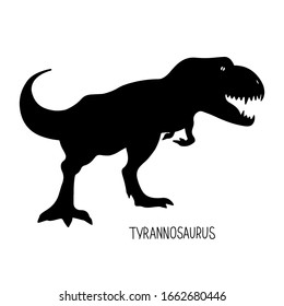 Hand drawn doodle prehistoric silhouette  dinosaur tyrannosaurus  with text isolated on white background. Vector illustration  for coloring book for children, design project, education 