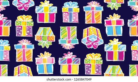 Hand drawn doodle present box with bow gift - pattern background
