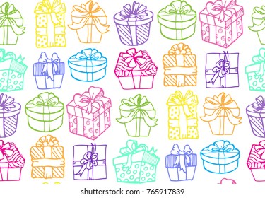 Hand drawn doodle present box and gift. pattern