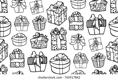 Hand drawn doodle present box and gift. pattern