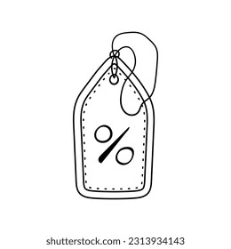Hand drawn doodle price tag with string amd the image of the Percentage icon, special offer, shopping discount label, promotional sale badge. Isolated on white background
