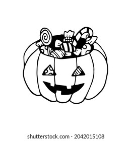 Hand drawn doodle pumpkin bucket with candies. Vector cute jack o lantern with sweets for Halloween. Outline. pumpkin basket.