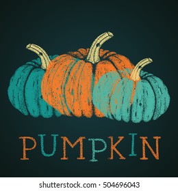 Hand drawn doodle pumpkin isolated on the dark background. Sketch by ink. Halloween theme. Pointillism style