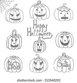 Hand drawn doodle pumpkin set. Vector illustration. Sketchy Halloween related icons, pumpkins with different emotions isolated elements, Happy Halloween, Boo, for card and invitation party