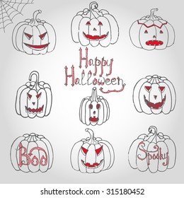 Hand drawn doodle pumpkin set. Vector illustration. Sketchy Halloween related icons, pumpkins with different emotions isolated elements, Happy Halloween, Boo, for card and invitation party