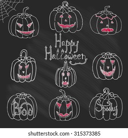 Hand drawn doodle pumpkin set. Vector illustration. Sketchy Halloween related icons, pumpkins with different emotions isolated elements, Happy Halloween, Boo, for card and invitation party