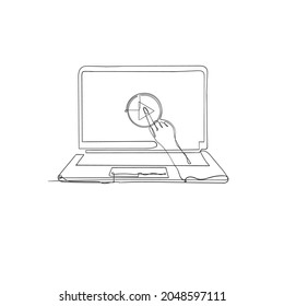 botón de reproducción manual de doodle mano pulsando botón de video 
 en la ilustración del portátil con dibujo de línea continuo 