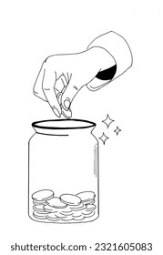 hand drawn doodle put coin into box or jar charity donation illustration icon isolated