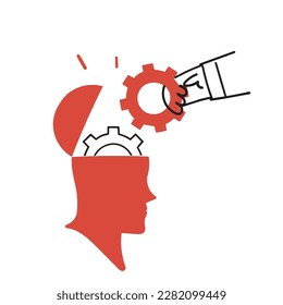 hand drawn doodle hand put gear cog inside head illustration