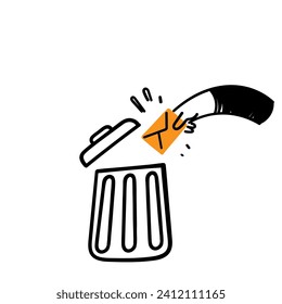 hand drawn doodle put letter in to dustbin symbol for deleting email icon