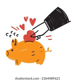 hand drawn doodle put love in the piggy bank