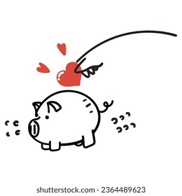 hand drawn doodle put love in the piggy bank