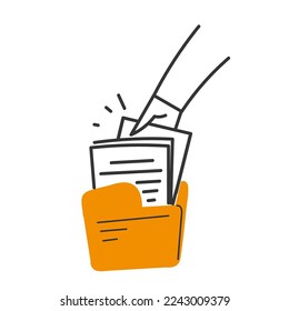hand drawn doodle hand put the paper document in manila folder illustration