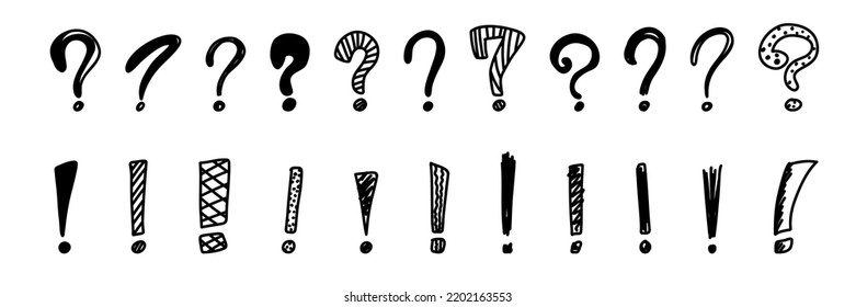 Hand Drawn Doodle Question Exclamation Marks. Doodle Sketch Question Ask Point. Punctuation Marks. Black Vector Illustration On White Background.