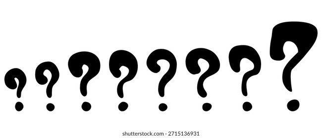Conjunto de signo de interrogación de doodle dibujado a mano. Doodle marcador punto de pregunta. Marcas de máscara de puntuación. Ilustración vectorial negra aislada sobre fondo blanco.