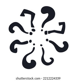 Hand Drawn Doodle Question Marks In Circle. Doodle Marker Round Ask Point. Punctuation Marks. Black Vector Illustration On White Background.